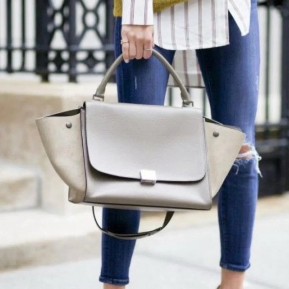 Celine Taupe Leather and Suede Satchel